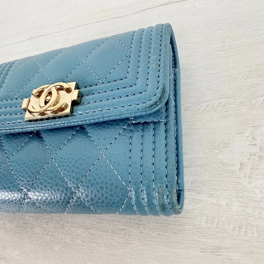 Chanel Boy Flap Wallet Light Blue Caviar Leather Gold Hardware Quilted Authentic